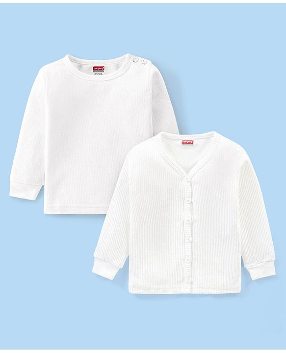 Babyhug Full Sleeves Solid Color Front Open Thermal Vest & Pullover Combo Set Pack Of 2- White