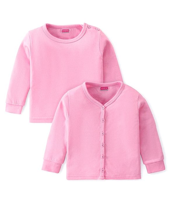 Babyhug Cotton Knit Full Sleeves Front Open and Pullover Solid Color Thermal Wear Pack Of 2 - Pink