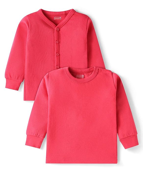 Babyhug Knit Full Sleeves Solid Colour Front Open & Pullover Thermal Vest Pack Of 2 - Dark Pink