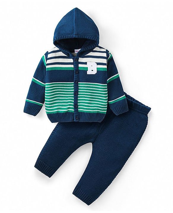 Babyhug Knitted Full Sleeves Front Open Hooded Sweater Set with Striped Design & Alphabet Patch - Navy Blue & Green