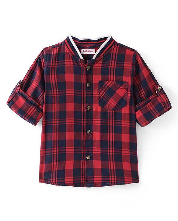 Babyhug Cotton Woven Full Sleeves  Rib Collared  Checks Shirt - Red