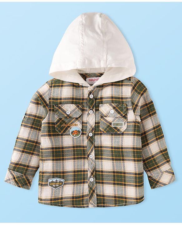 Babyhug Cotton Woven Full Sleeves Checkered Shirt with Hood - Olive Green