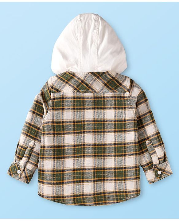 Babyhug Cotton Woven Full Sleeves Checkered Shirt with Hood - Olive Green