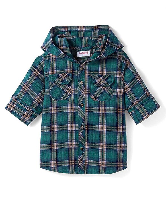 Babyhug Cotton Woven Full Sleeves Checkered Hooded Shirt - Dark Green