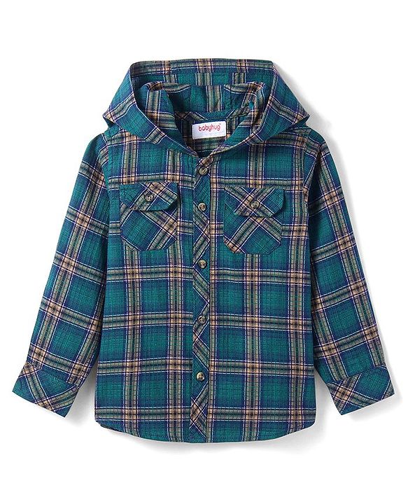 Babyhug Cotton Woven Full Sleeves Checkered Hooded Shirt - Dark Green