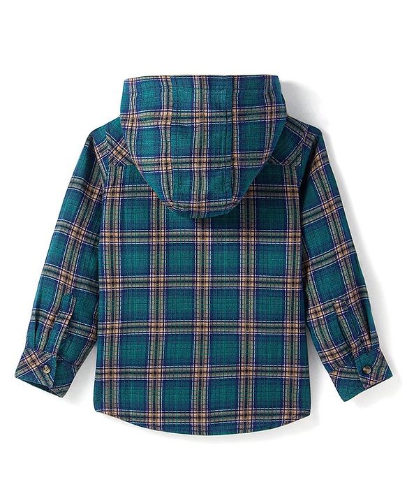 Babyhug Cotton Woven Full Sleeves Checkered Hooded Shirt - Dark Green