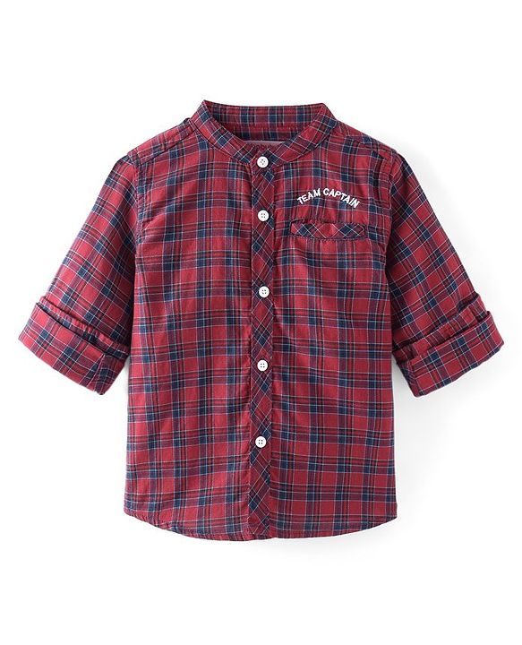 Babyhug Cotton Woven Full Sleeves Mandarin Collared Checks Shirt - Red