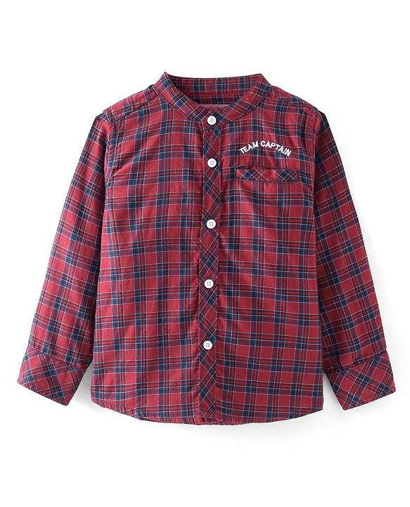 Babyhug Cotton Woven Full Sleeves Mandarin Collared Checks Shirt - Red