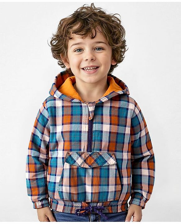 Babyhug Cotton Woven Full Sleeves Checkered Hooded Sweatshirt With Kangaroo Pockets - Orange