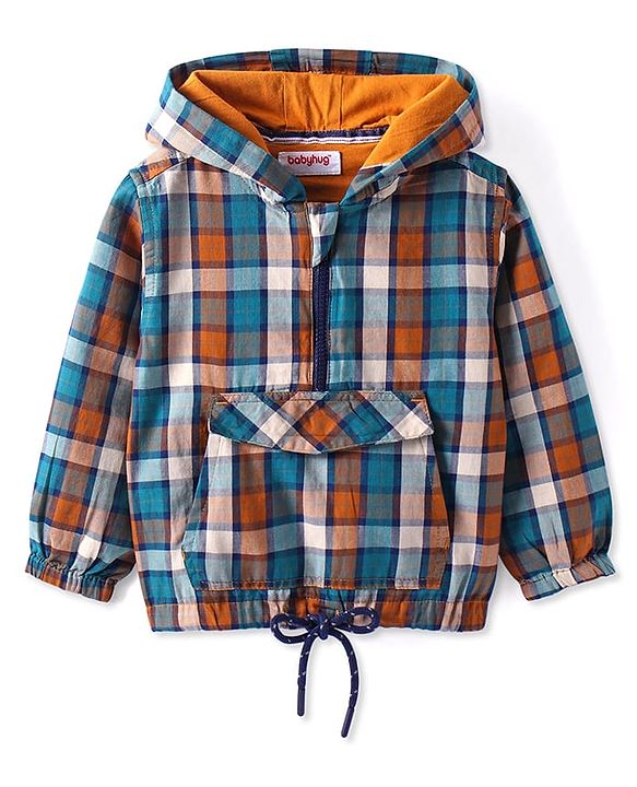 Babyhug Cotton Woven Full Sleeves Checkered Hooded Sweatshirt With Kangaroo Pockets - Orange