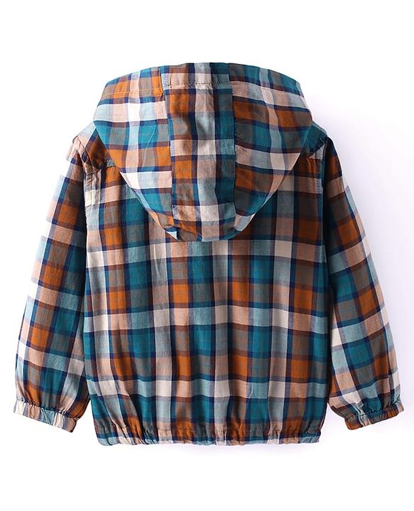 Babyhug Cotton Woven Full Sleeves Checkered Hooded Sweatshirt With Kangaroo Pockets - Orange