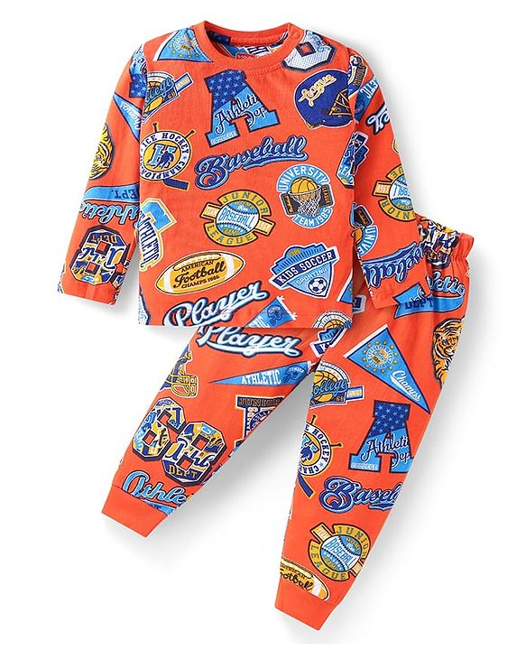 Babyhug Cotton Knit Full Sleeves Text Printed Night Suit - Orange