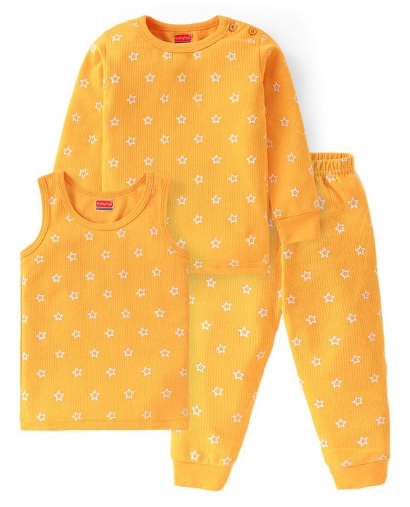 Babyhug  Full Sleeves Thermal T-Shirt Vest & Pant Set with Star Print - Yellow