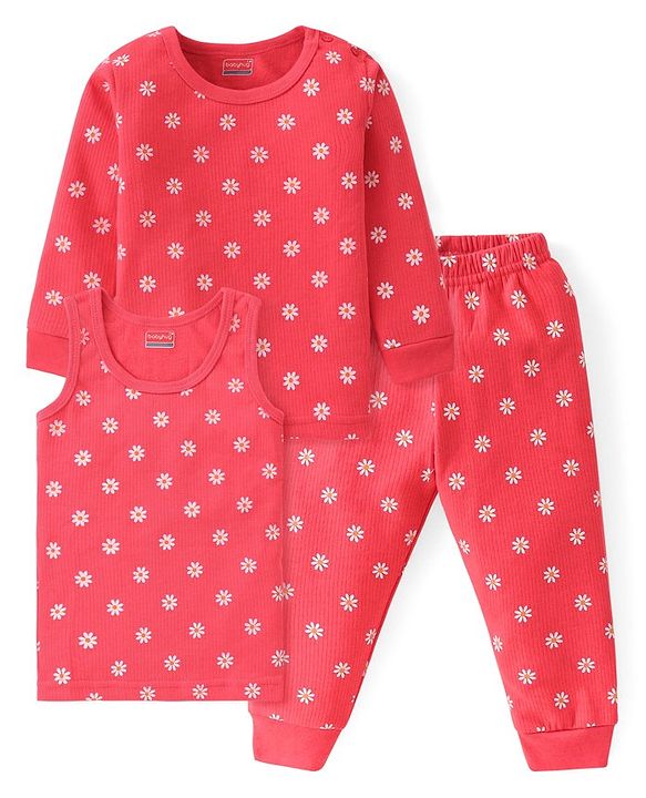 Babyhug Full Sleeves Thermal Wear Vest T-Shirt & Pant Set with Floral Print -Pink