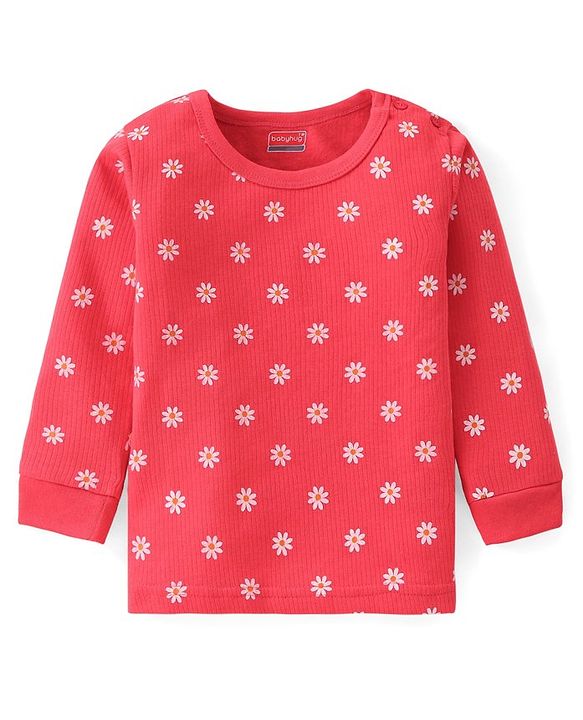Babyhug Full Sleeves Thermal Wear Vest T-Shirt & Pant Set with Floral Print -Pink