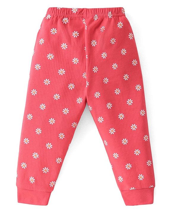 Babyhug Full Sleeves Thermal Wear Vest T-Shirt & Pant Set with Floral Print -Pink