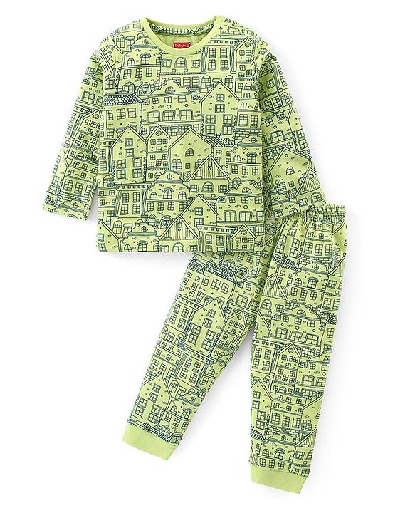 Babyhug Cotton Knit Full Sleeves Printed Night Suit - Light Green