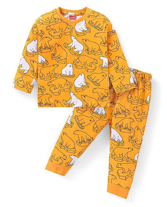 Babyhug Cotton Knit Full Sleeves Night Suit with Polar Bear Print - Mustard