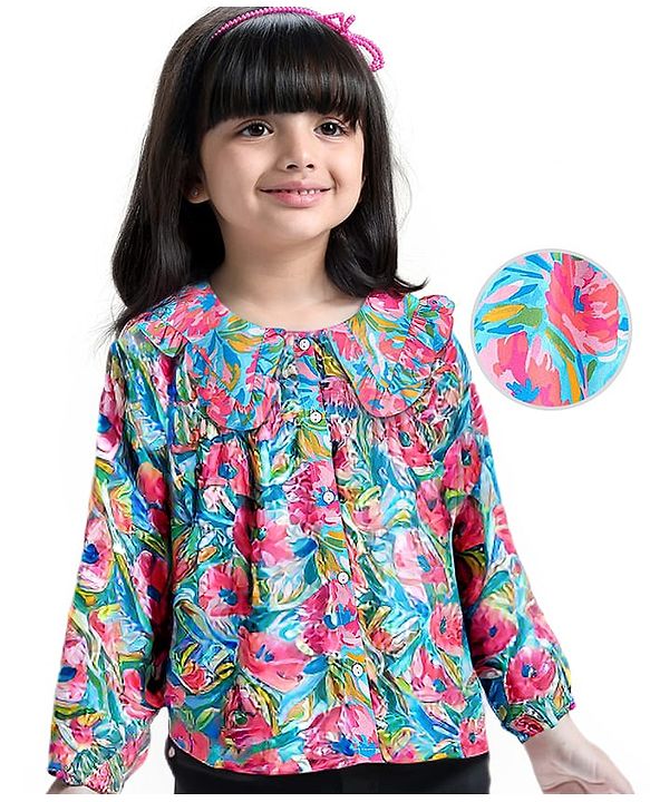 Babyhug Rayon Woven Full Sleeves Peter Pan Collar  Top with Floral Print -Pink & Blue