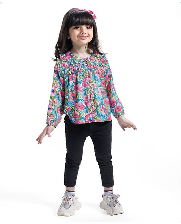 Babyhug Rayon Woven Full Sleeves Peter Pan Collar  Top with Floral Print -Pink & Blue