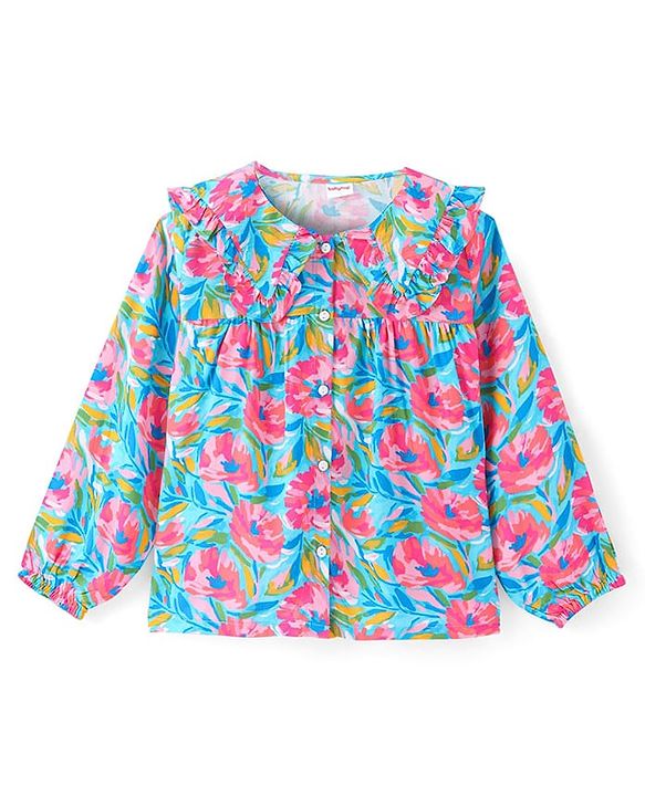 Babyhug Rayon Woven Full Sleeves Peter Pan Collar  Top with Floral Print -Pink & Blue