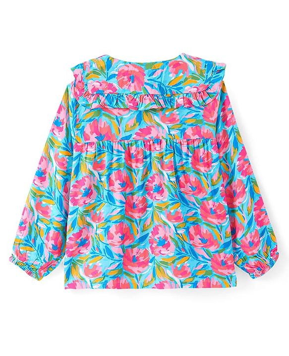 Babyhug Rayon Woven Full Sleeves Peter Pan Collar  Top with Floral Print -Pink & Blue