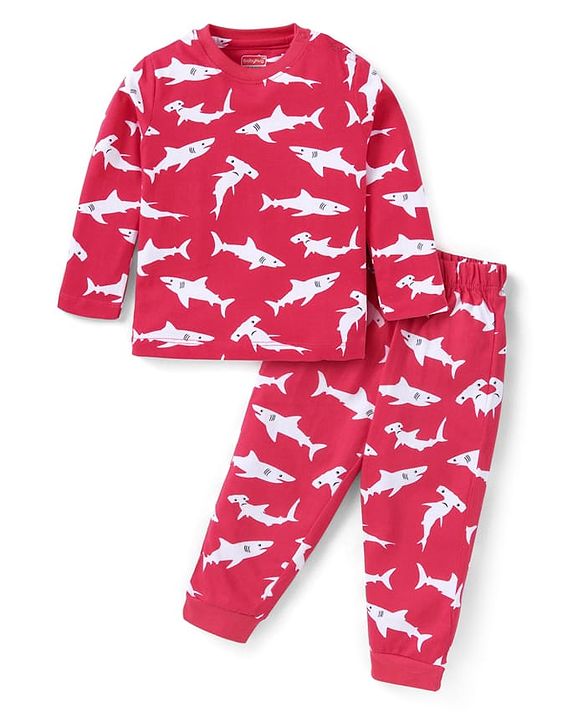 Babyhug Cotton Knit Full Sleeves Shark Printed Night Suit - Red