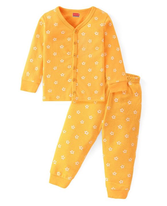 Babyhug Full Sleeves Front Open Thermal Vest & Leggings with Floral Print - Yellow