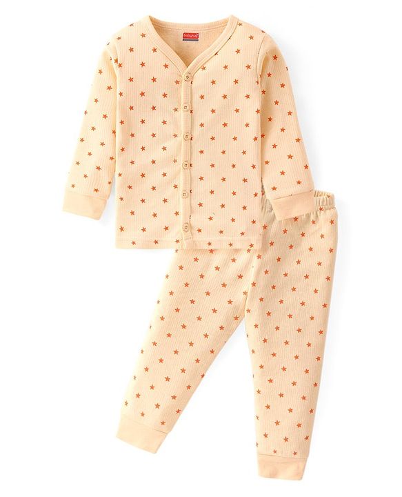 Babyhug Full Sleeves Front Open Thermal Vest & Leggings Set Star Print - Yellow
