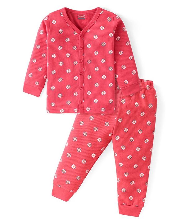 Babyhug Full Sleeves Front Open Thermal Wear Vest & Pant with Floral Print - Pink