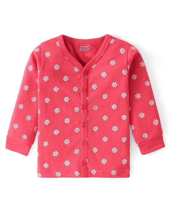 Babyhug Full Sleeves Front Open Thermal Wear Vest & Pant with Floral Print - Pink