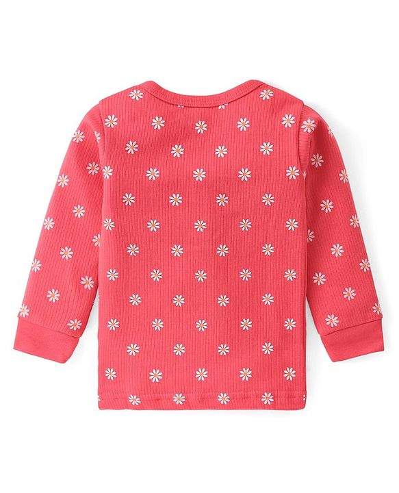 Babyhug Full Sleeves Front Open Thermal Wear Vest & Pant with Floral Print - Pink
