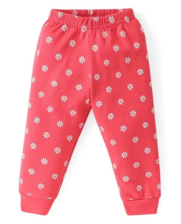 Babyhug Full Sleeves Front Open Thermal Wear Vest & Pant with Floral Print - Pink