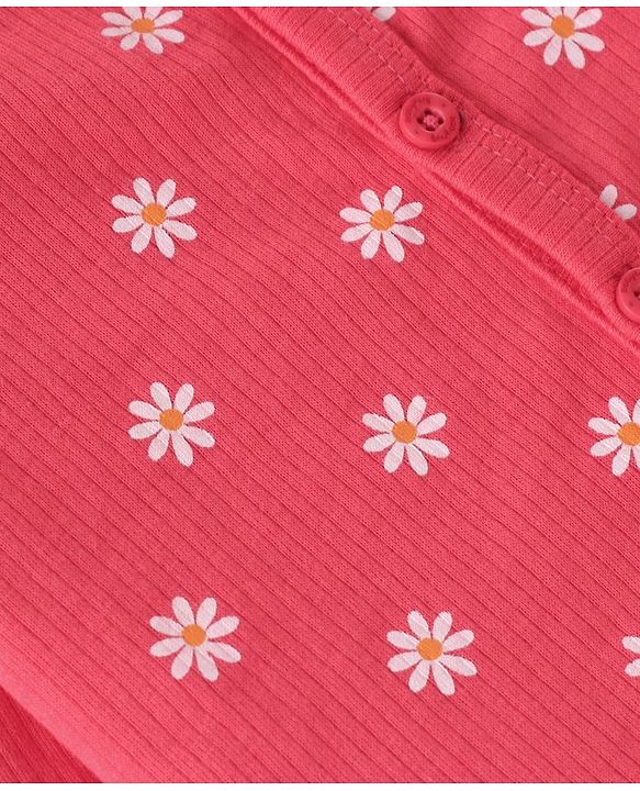 Babyhug Full Sleeves Front Open Thermal Wear Vest & Pant with Floral Print - Pink