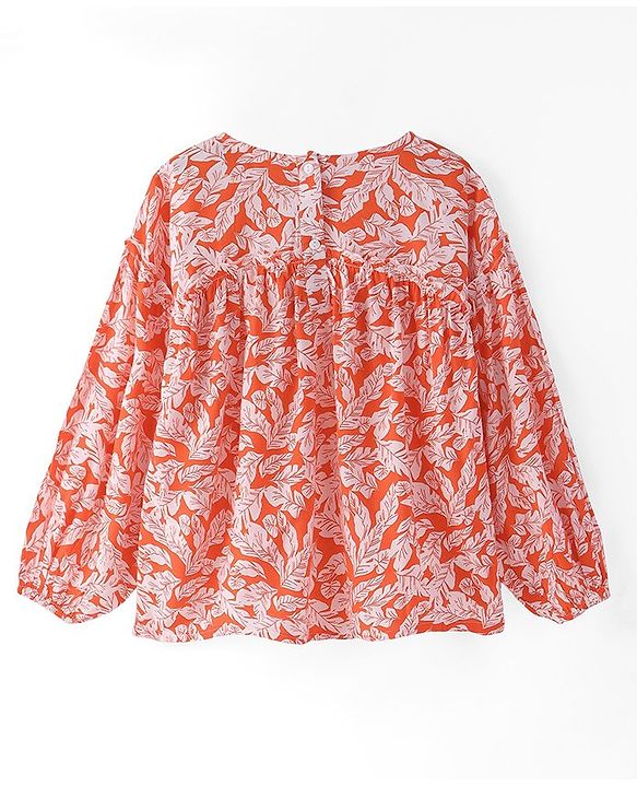 Babyhug Rayon Woven Full Sleeves  Top with Leafy Print -Orange