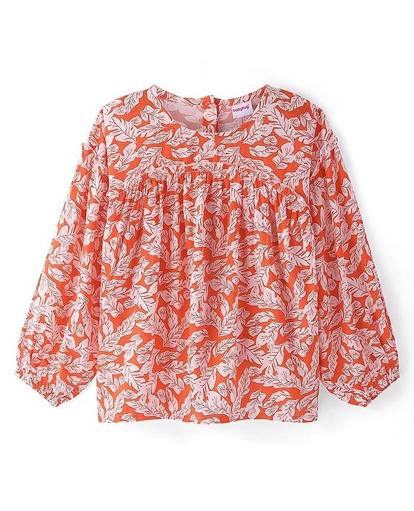 Babyhug Rayon Woven Full Sleeves  Top with Leafy Print -Orange