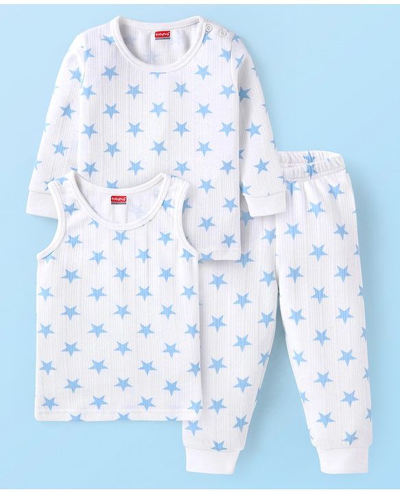 Babyhug Full Sleeves Vest Pullover & Bottom Thermal Wear Combo Star Print Pack Of 3 - White