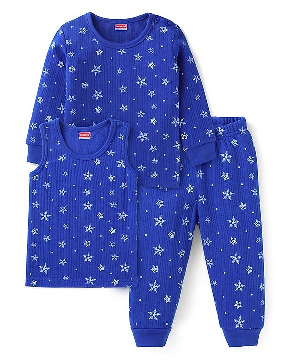 Babyhug Full Sleeves Vest Pullover & Bottom Thermal Wear Combo Star Print Pack Of 3 - Blue