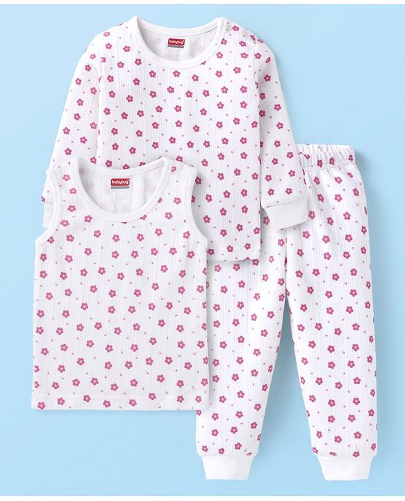 Babyhug Full Sleeves Vest Pullover & Bottom Thermal Wear Combo Floral Print Pack Of 3 - White