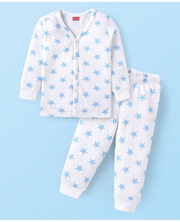 Babyhug Full Sleeves Front Open Thermal Wear Vest & Pant with Star Print - White