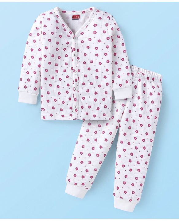 Babyhug Full Sleeves Front Open Thermal Vest & Legging Set with Floral Print - White