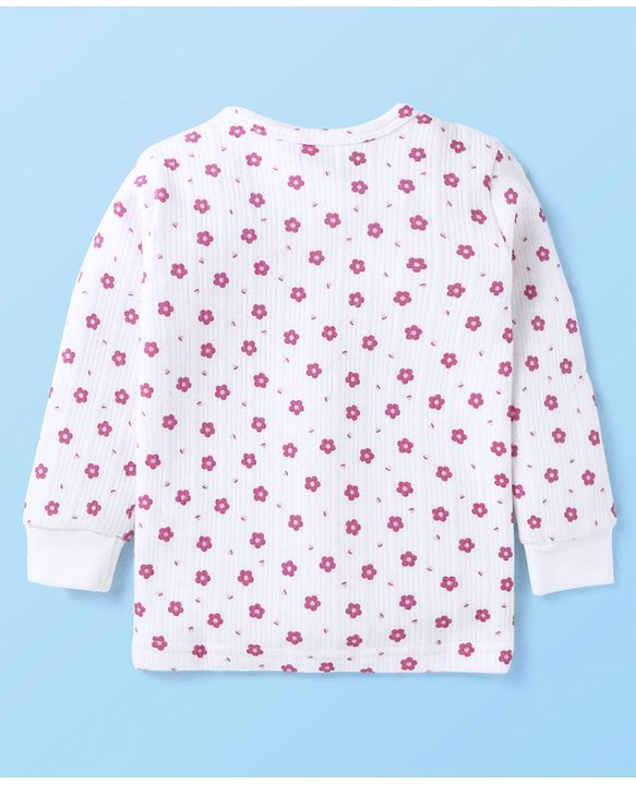 Babyhug Full Sleeves Front Open Thermal Vest & Legging Set with Floral Print - White