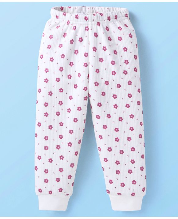 Babyhug Full Sleeves Front Open Thermal Vest & Legging Set with Floral Print - White