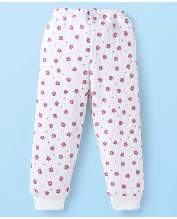 Babyhug Full Sleeves Front Open Thermal Vest & Legging Set with Floral Print - White