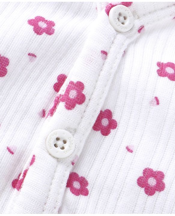 Babyhug Full Sleeves Front Open Thermal Vest & Legging Set with Floral Print - White