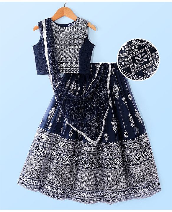 Pine Kids Woven Sleeveless Sequin Embroidered Choli Lehenga Set with Dupatta - Navy Blue