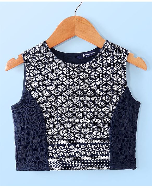 Pine Kids Woven Sleeveless Sequin Embroidered Choli Lehenga Set with Dupatta - Navy Blue