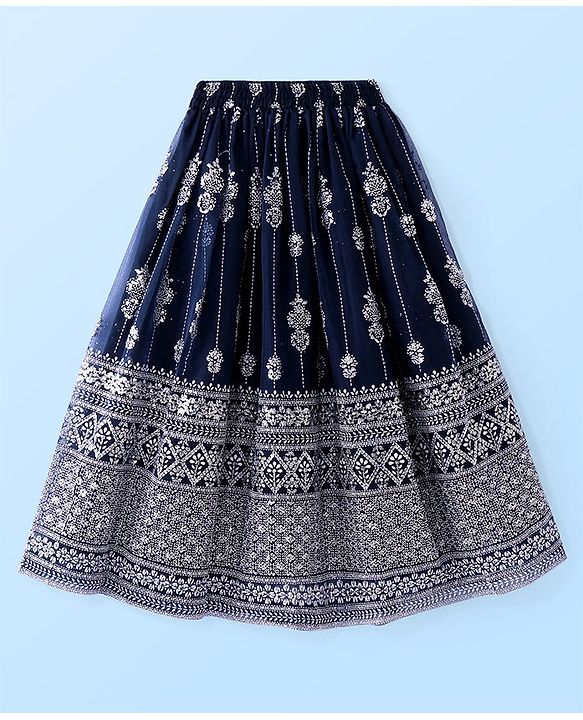 Pine Kids Woven Sleeveless Sequin Embroidered Choli Lehenga Set with Dupatta - Navy Blue
