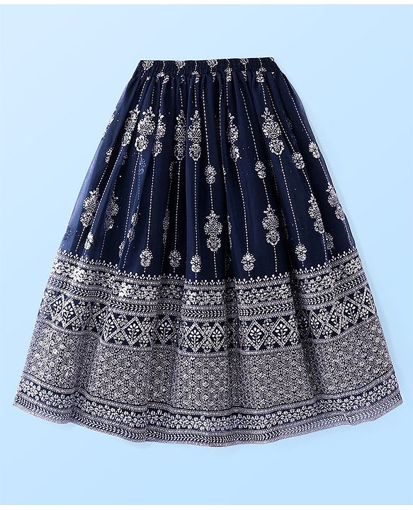 Pine Kids Woven Sleeveless Sequin Embroidered Choli Lehenga Set with Dupatta - Navy Blue