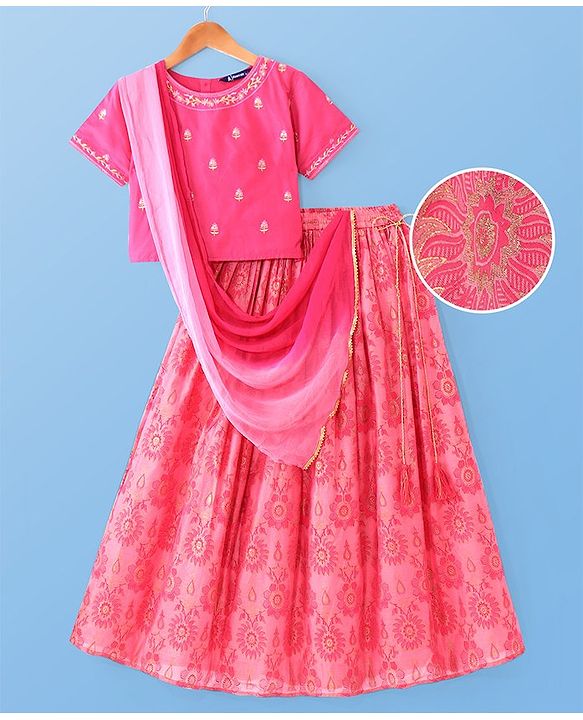 Pine Kids Woven Half Sleeves Choli Lehenga & Dupatta Set with Floral Embroidery & Foil Print - Pink